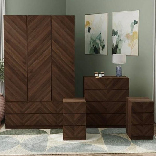 Catania 4 Piece Package Deal - 3 Door, 4 Drawer Wardrobe, 4 Drawer Chest and 2 Bedside Chests -Walnut