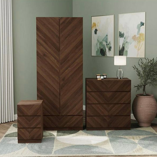 Catania 3 Piece Package Deal - 2 Door, 1 Drawer Wardrobe, 4 Drawer Chest and a Bedside Chest - Walnut