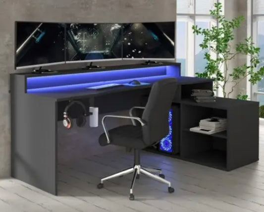 FLAIR POWER W L SHAPED CORNER GAMING DESK WITH COLOUR CHANGING LED LIGHTS